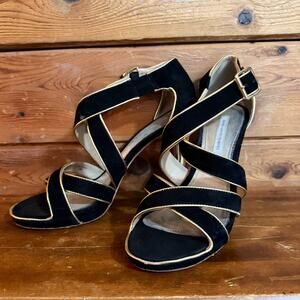 Diane Von Furstenburg Black and Gold Suede Strappy Heels 10.5